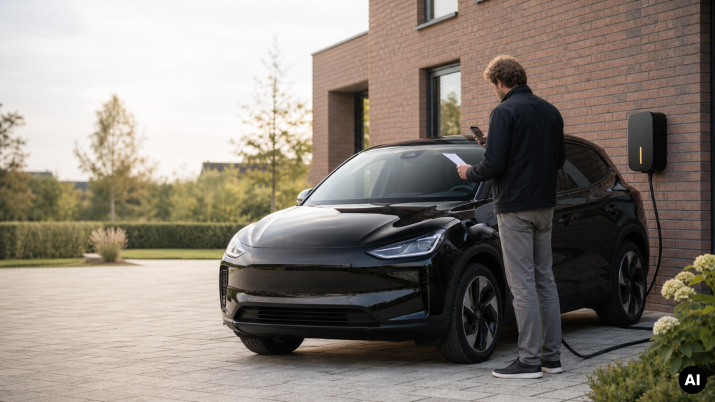 Man bekijkt een document en smartphone naast een zwarte elektrische auto die thuis aan een laadpaal is aangesloten.