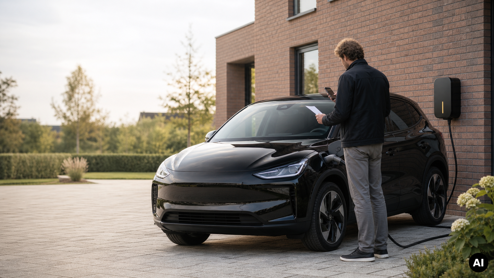 Man bekijkt een document en smartphone naast een zwarte elektrische auto die thuis aan een laadpaal is aangesloten.