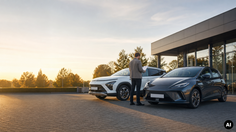 Man met een document tussen twee moderne auto's bij een autobedrijf tijdens zonsondergang.