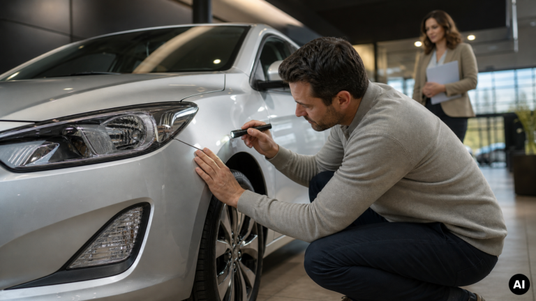 Man inspecteert met een zaklamp de naad en lak van het voorspatbord van een zilverkleurige auto, terwijl een vrouw met documenten toekijkt in een showroom.