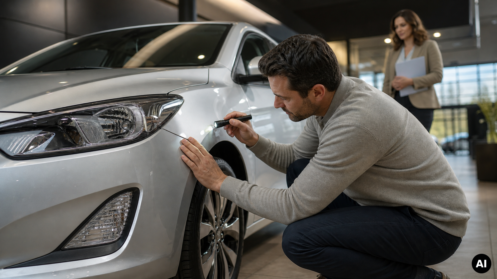 Man inspecteert met een zaklamp de naad en lak van het voorspatbord van een zilverkleurige auto, terwijl een vrouw met documenten toekijkt in een showroom.