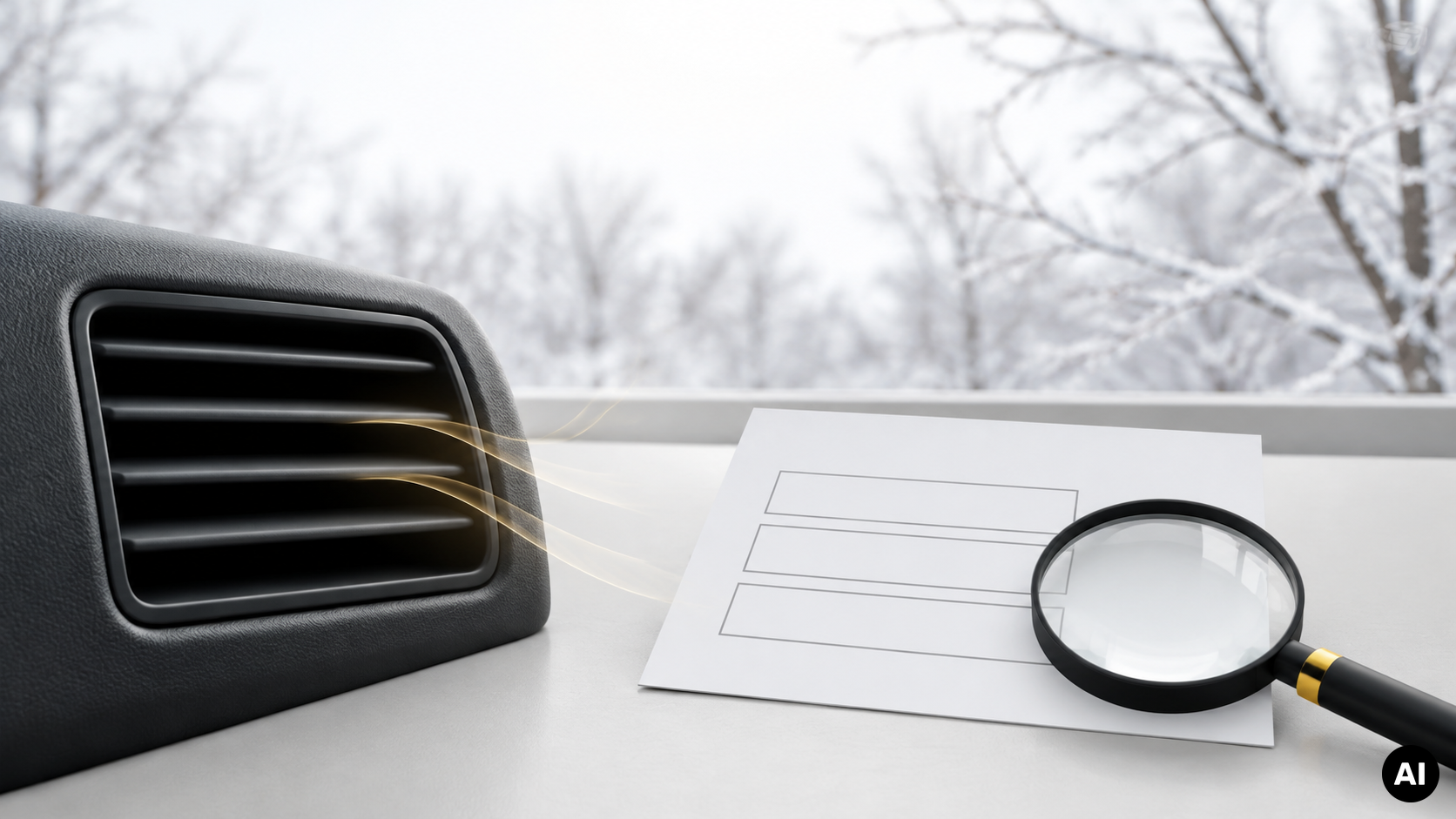 Illustratie van een autoventilatierooster met warme luchtstromen naast een blanco formulier en vergrootglas, met besneeuwde bomen op de achtergrond.