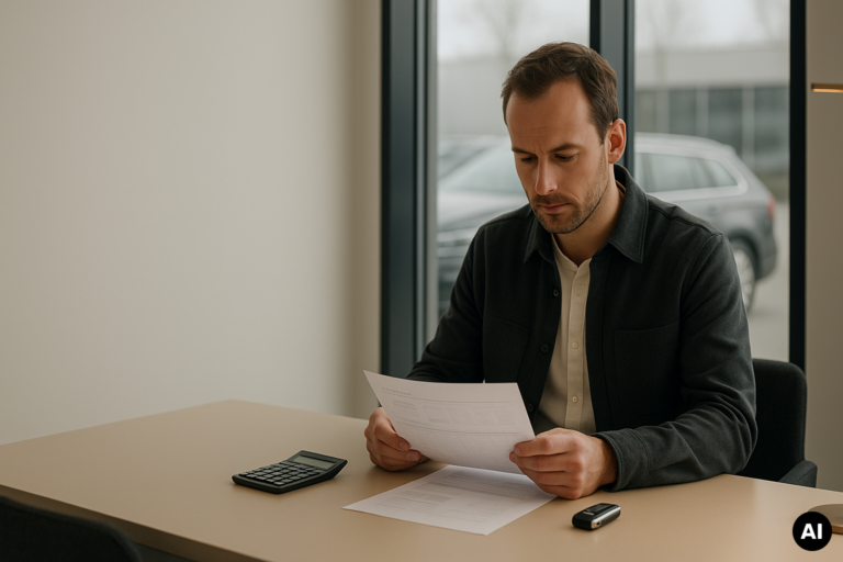 Ondernemer bekijkt financiële documenten naast een rekenmachine, met een auto zichtbaar door het raam.