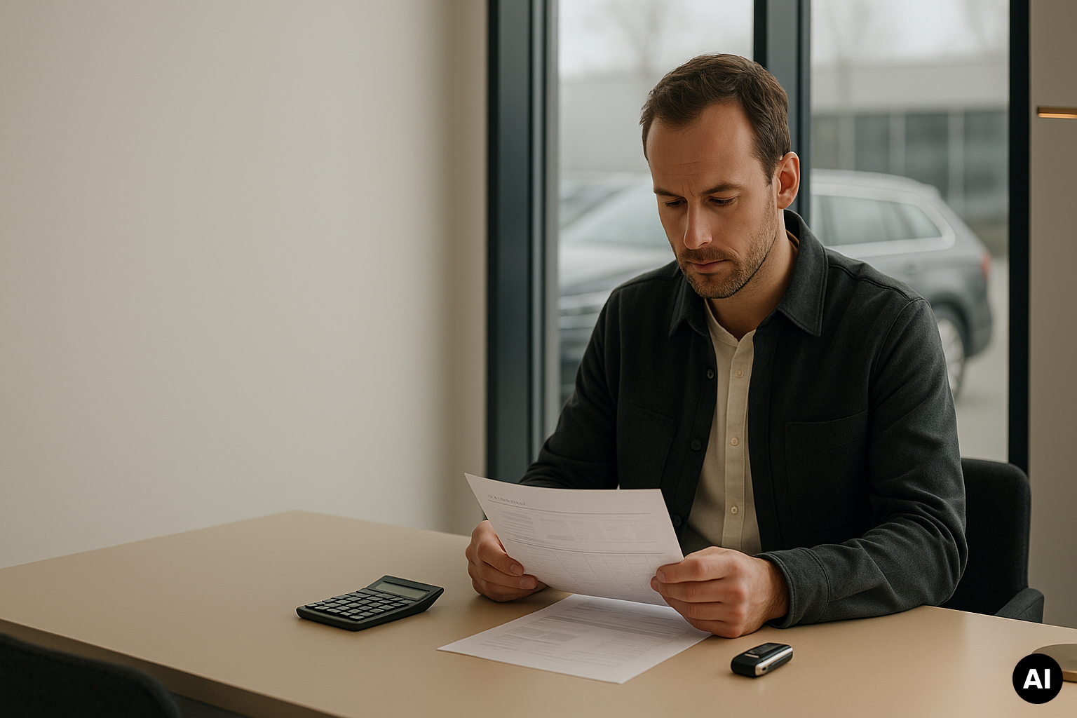 Ondernemer bekijkt financiële documenten naast een rekenmachine, met een auto zichtbaar door het raam.